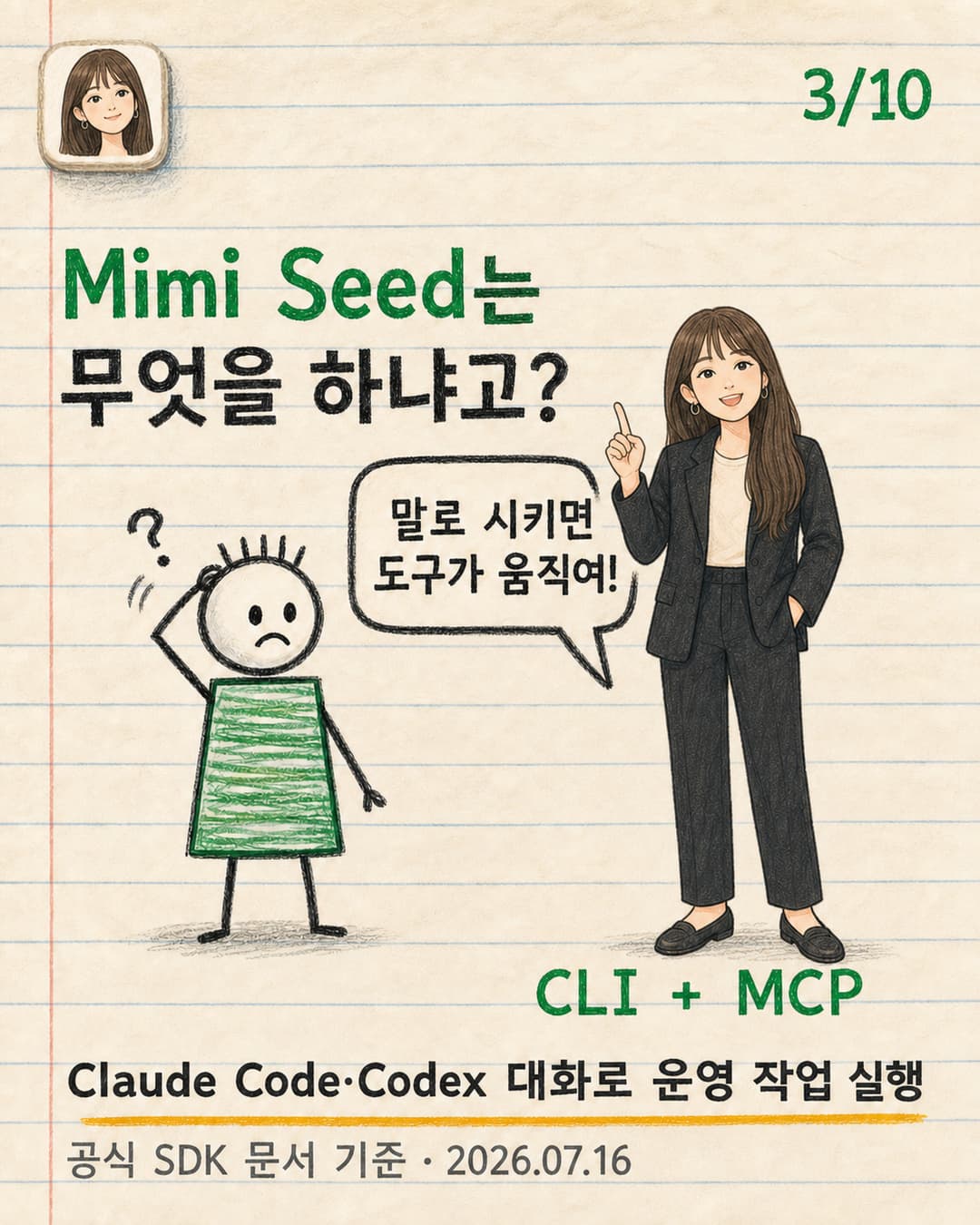 미미가 말로 시키면 도구가 움직인다고 설명하는 카툰